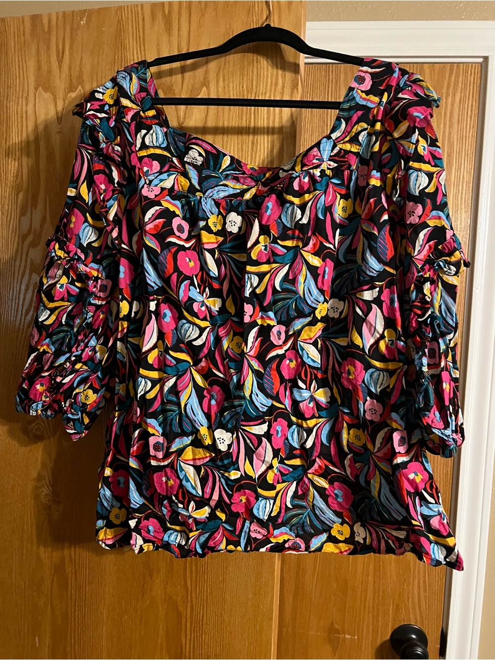 The Pioneer Woman Black Floral Peasant Blouse with Bright Multi-Color Print